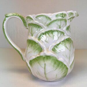Vtg Cabbage Leaf Pitcher Ceramic White Green Lettuce Pottery Cottagecore Grandma